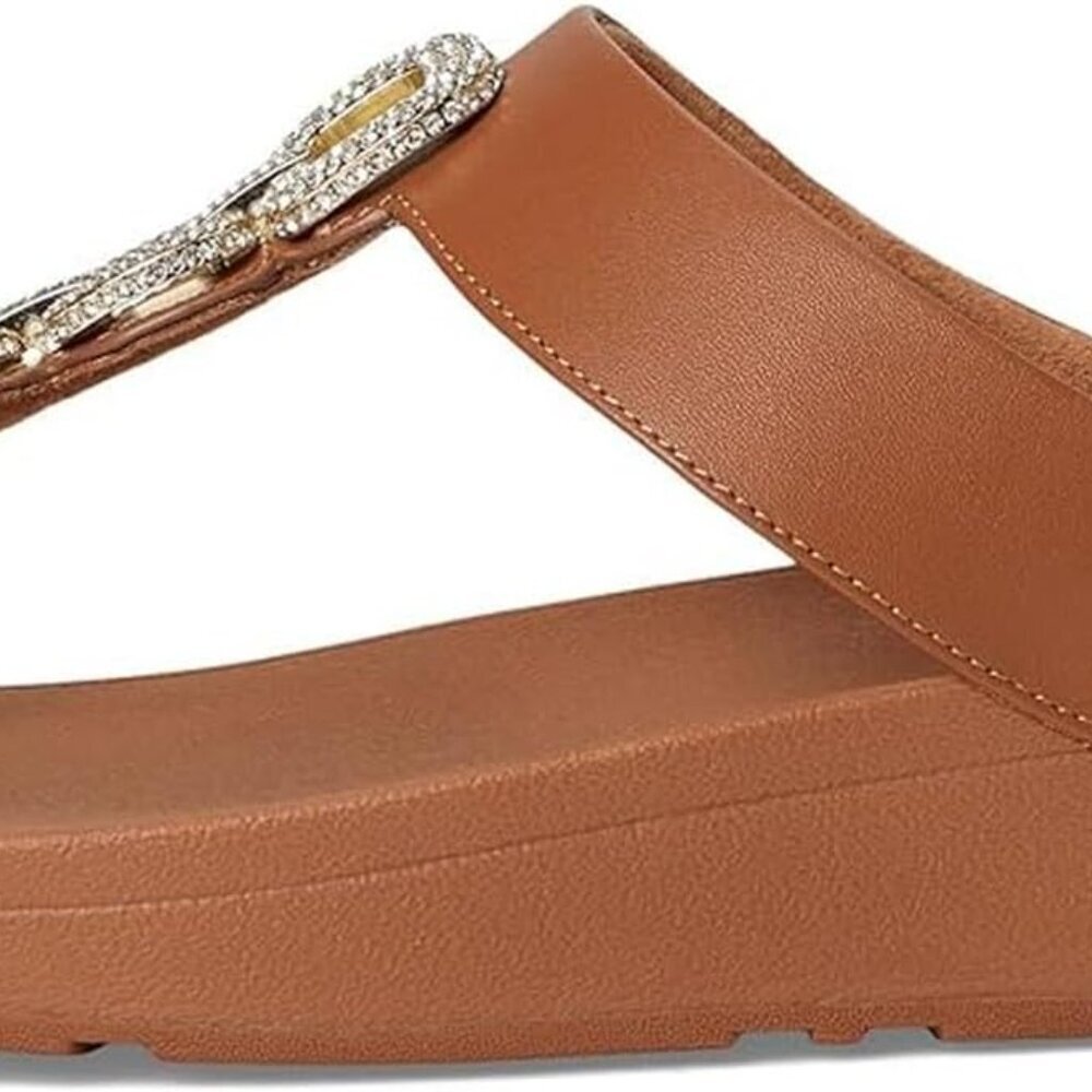 Womens Leather Toe-Post Sandals Crystal Chain Comfort Rubber Sole Size 8